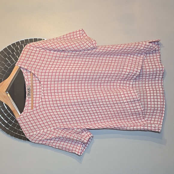 Flax Linen Gingham Checkered Boxy Short Sleeved Crew Kneck Tunic Shirt NWOT - Picture 1 of 10